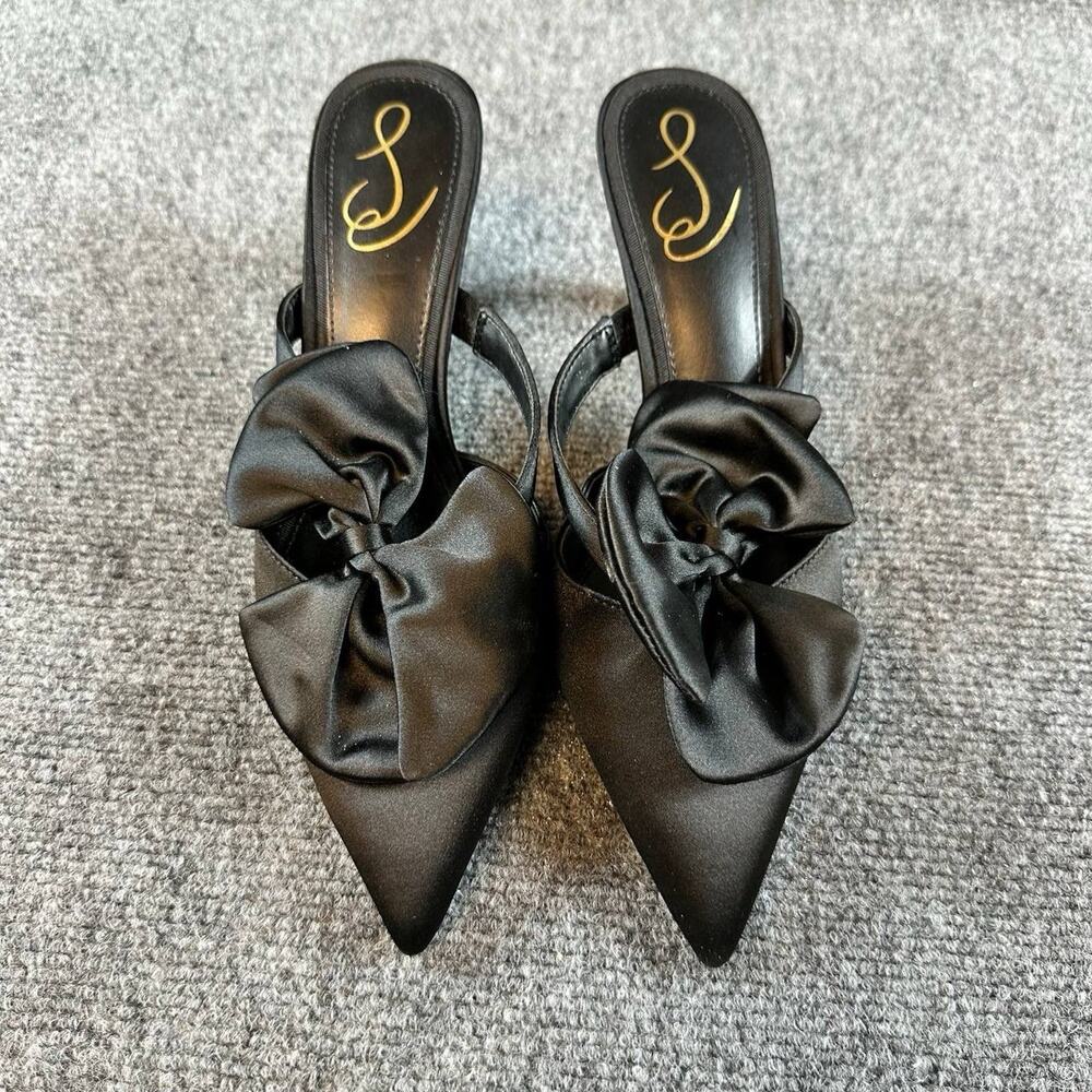 Sam Edelman Veranda Black Satin Bow Heels Pointed Toe Mule Shoes Women Size7
